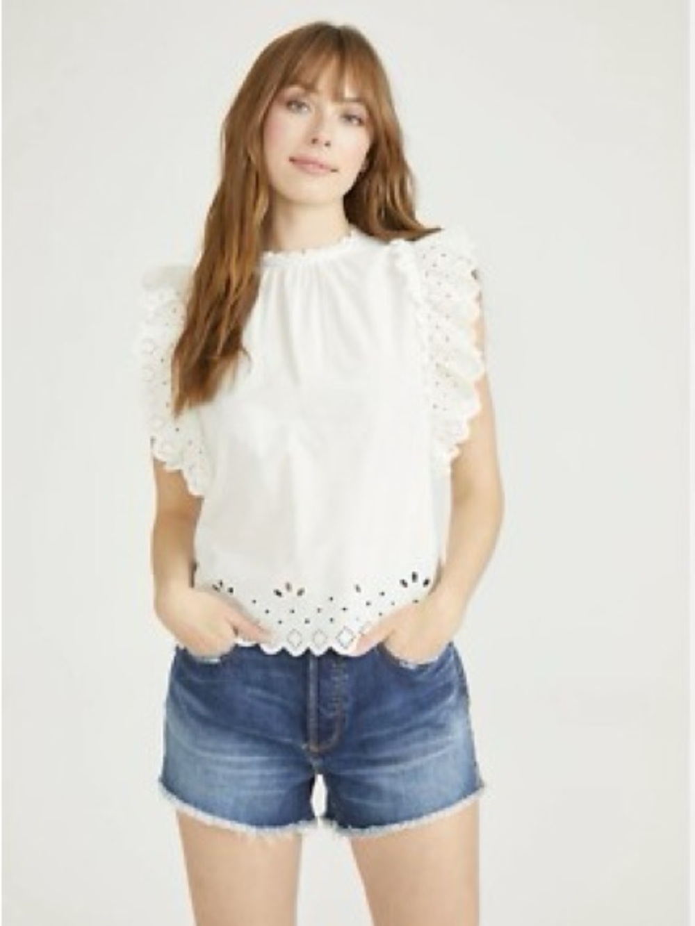 DRIFTWOOD White Eyelet Sleeveless Tank with Scalloped Trim see measurements